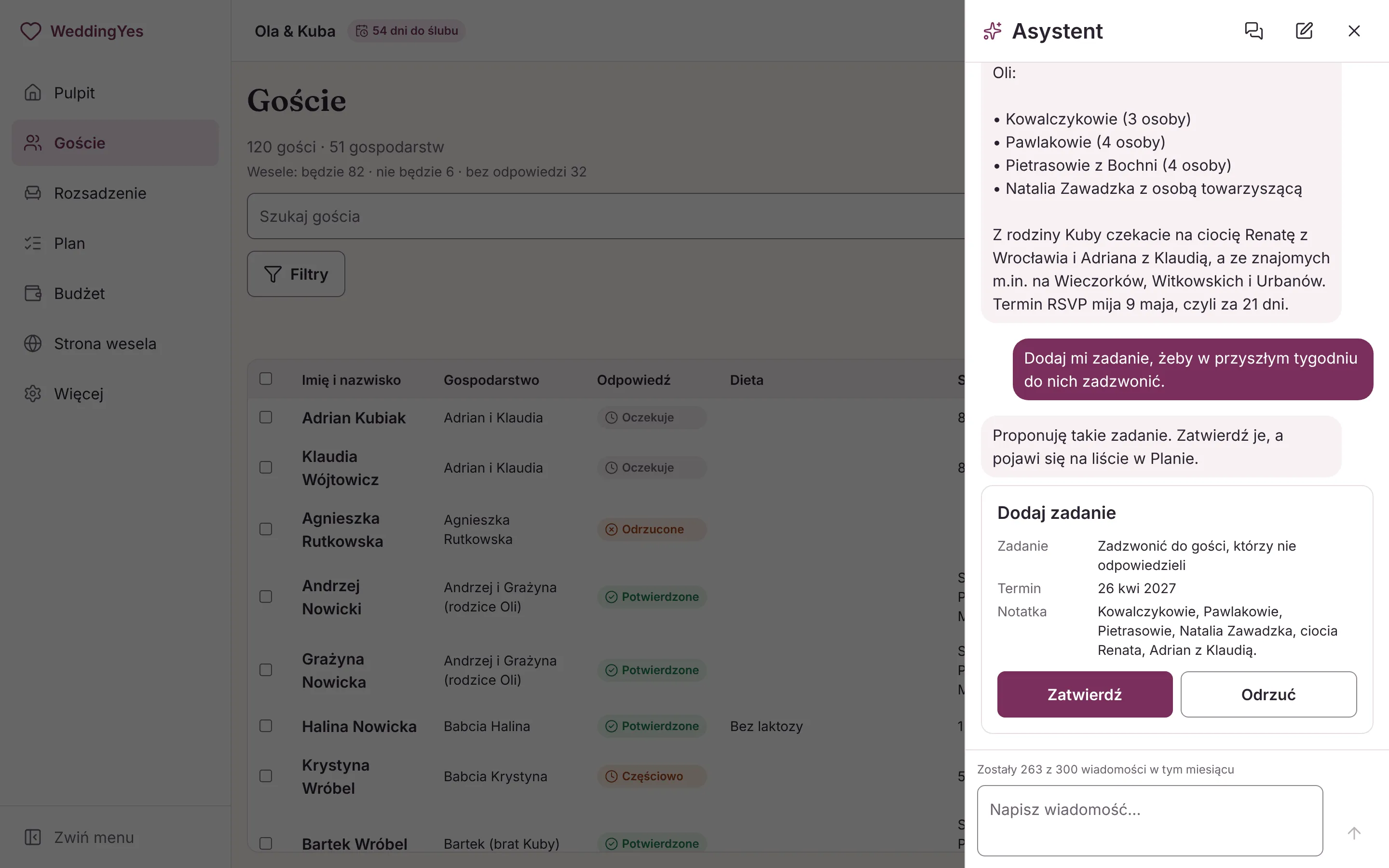 Asystent AI w aplikacji: odpowiedź, kto jeszcze nie odpowiedział na zaproszenie, i propozycja zadania „Zadzwonić do gości, którzy nie odpowiedzieli” do zatwierdzenia lub odrzucenia.