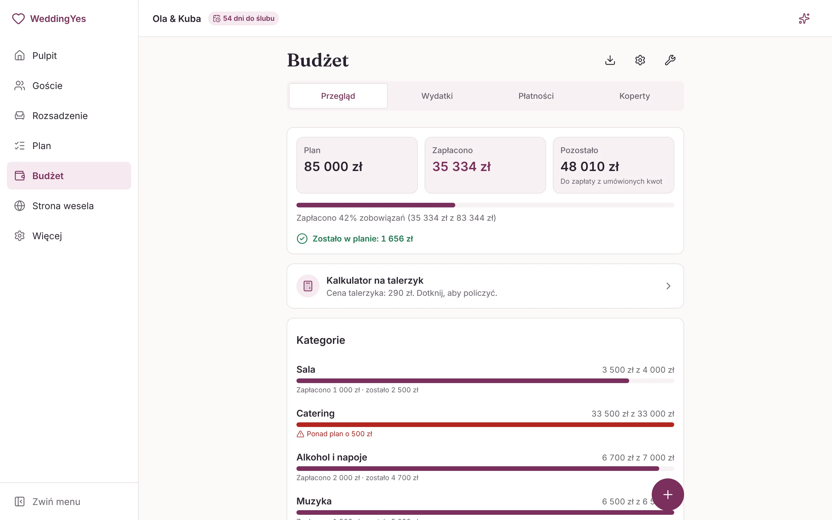 Przegląd budżetu: plan 85 000 zł, zapłacono 35 334 zł, zostało 48 010 zł do zapłaty z umówionych kwot, a niżej kategorie wydatków z paskami postępu.