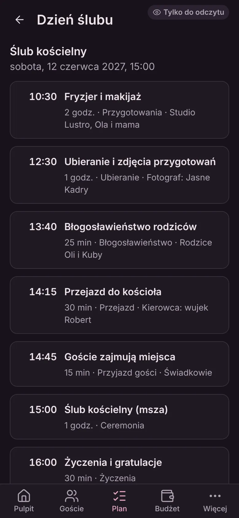 Widok „Dzień ślubu” na telefonie: ślub kościelny w sobotę 12 czerwca 2027 o 15:00 i kolejne punkty dnia z godzinami, od fryzjera po przejazd na salę.