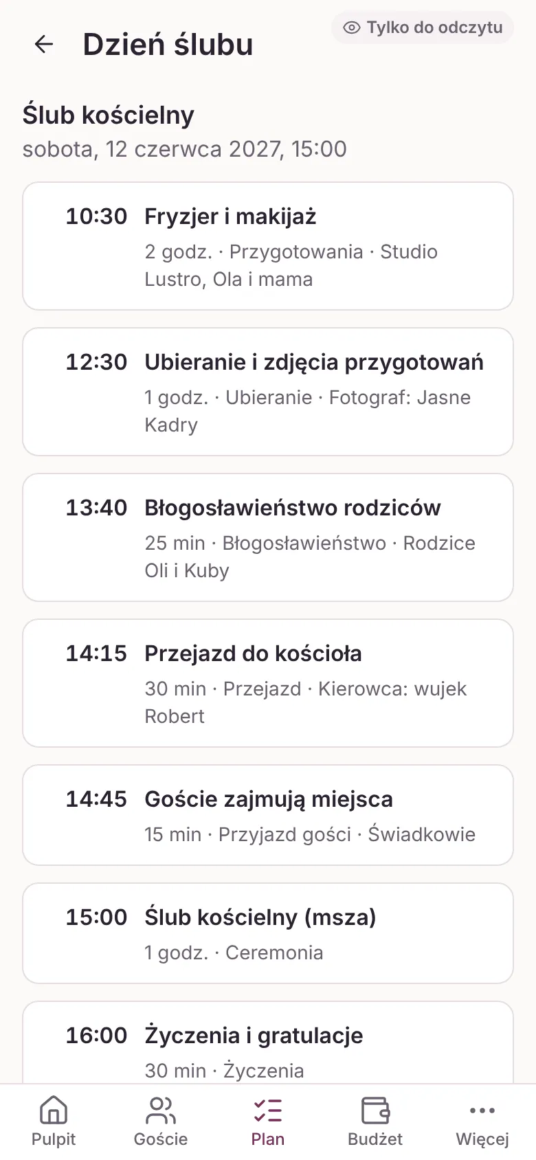Widok „Dzień ślubu” na telefonie: ślub kościelny w sobotę 12 czerwca 2027 o 15:00 i kolejne punkty dnia z godzinami, od fryzjera po przejazd na salę.