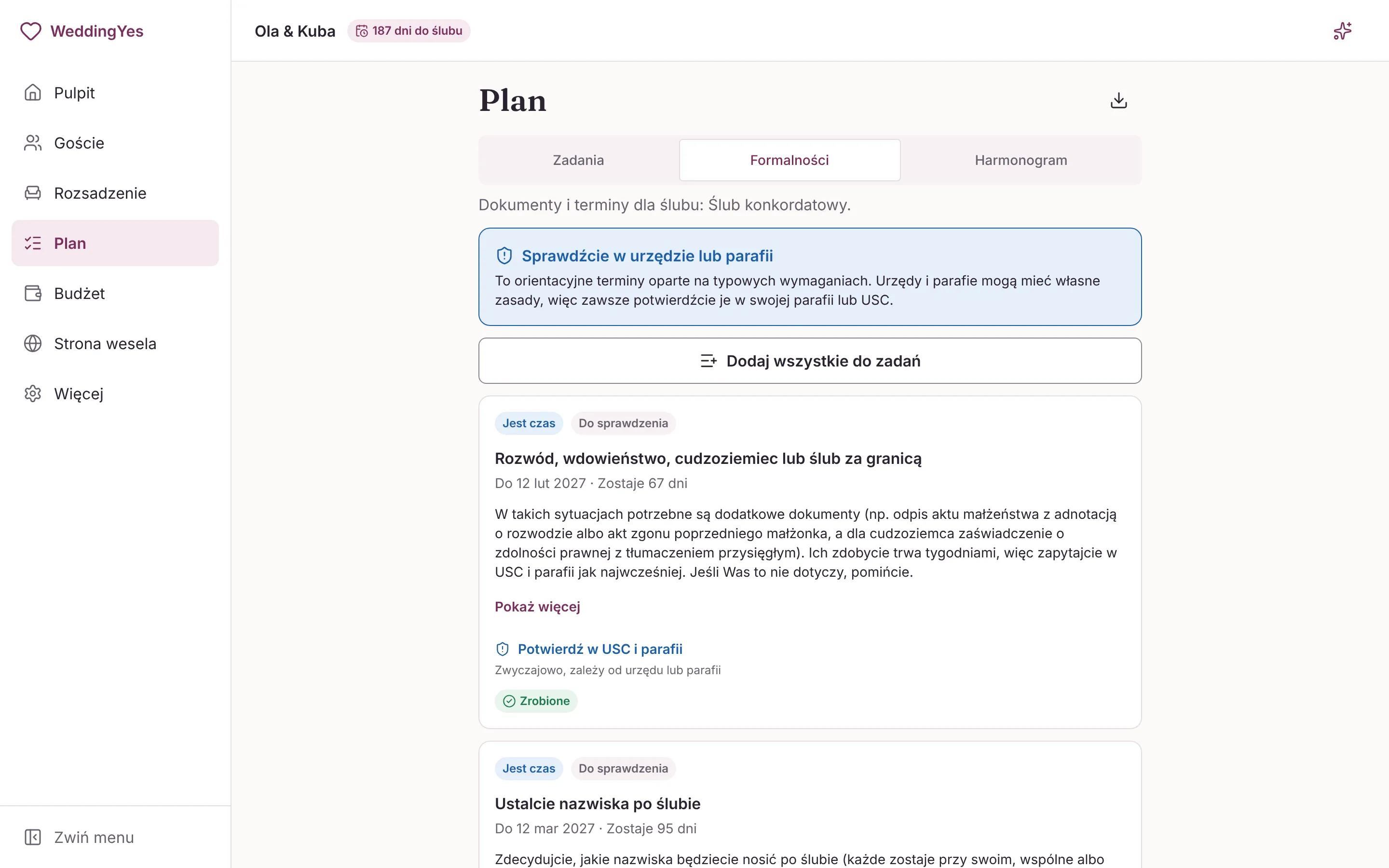 Formalności do ślubu konkordatowego pół roku przed ślubem: dokumenty i terminy z parafii i USC, przy każdym stan (jest czas, do załatwienia, zrobione) i z kim to potwierdzić.