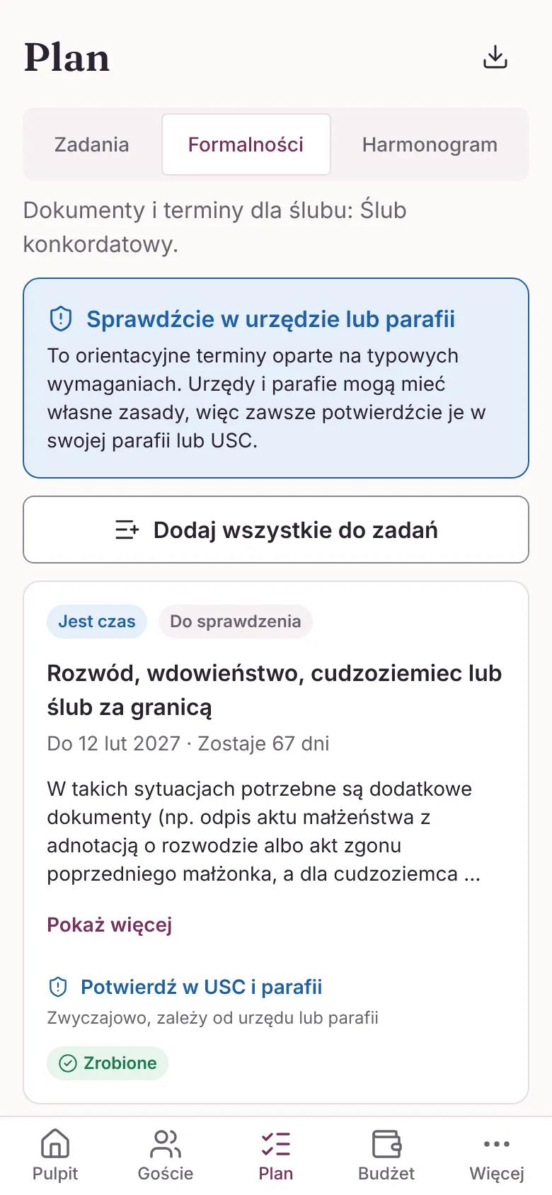 Formalności do ślubu konkordatowego pół roku przed ślubem: dokumenty i terminy z parafii i USC, przy każdym stan (jest czas, do załatwienia, zrobione) i z kim to potwierdzić.
