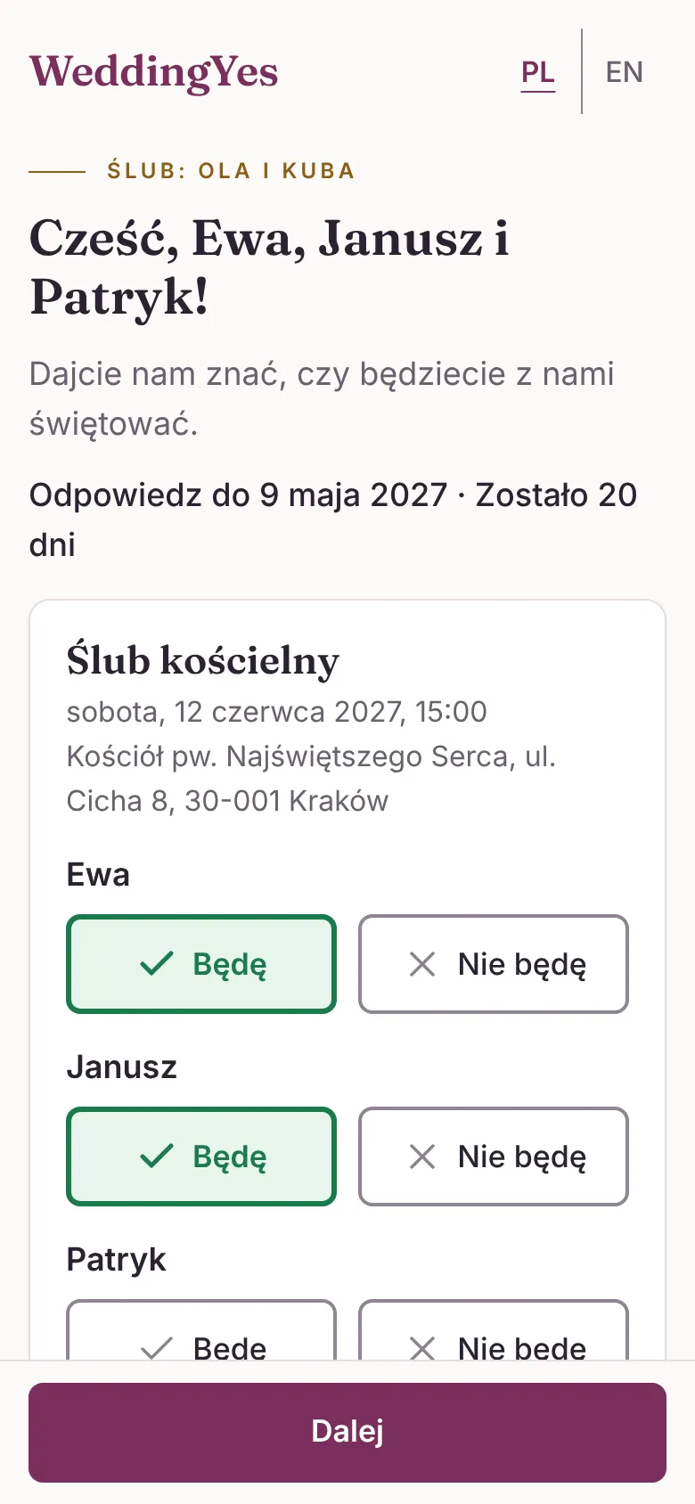 Strona potwierdzenia obecności dla Kowalczyków: powitanie Ewy, Janusza i Patryka, termin odpowiedzi 9 maja 2027 i przyciski „Będę” albo „Nie będę” dla każdej osoby i wydarzenia.