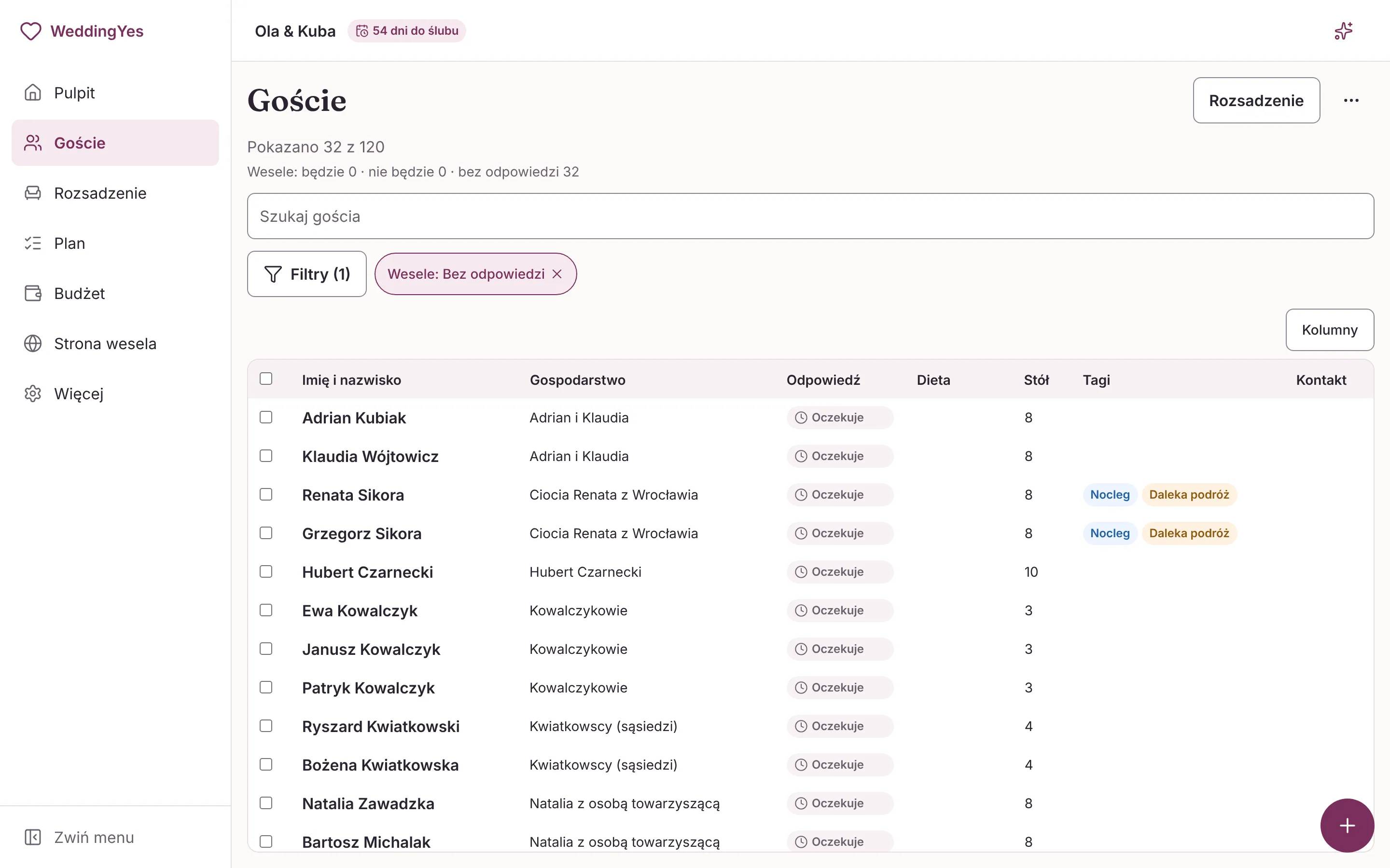 Lista gości przefiltrowana do osób, które nie odpowiedziały jeszcze na zaproszenie na wesele: 32 osoby z 12 gospodarstw, każda z oznaczeniem „Oczekuje”.