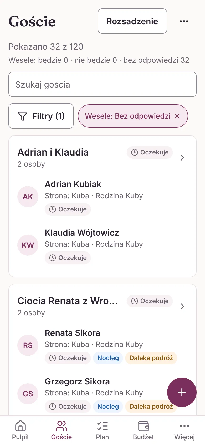 Lista gości przefiltrowana do osób, które nie odpowiedziały jeszcze na zaproszenie na wesele: 32 osoby z 12 gospodarstw, każda z oznaczeniem „Oczekuje”.