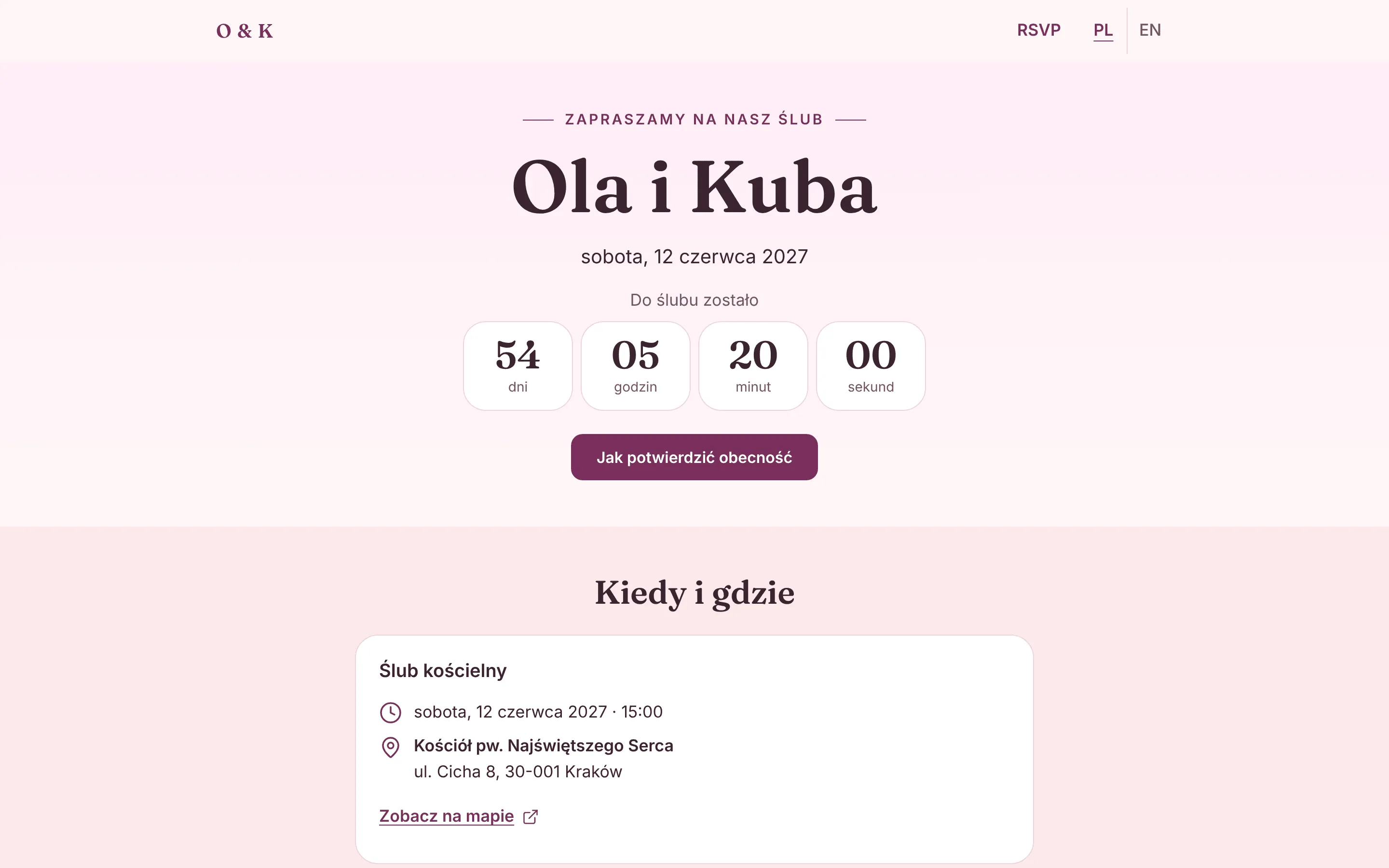 Publiczna strona wesela Oli i Kuby: zaproszenie na ślub 12 czerwca 2027, odliczanie dni i godzin, przycisk „Jak potwierdzić obecność” i karta ślubu kościelnego z adresem.