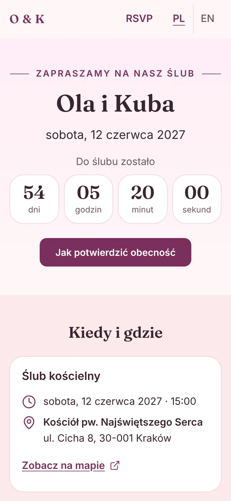 Publiczna strona wesela Oli i Kuby: zaproszenie na ślub 12 czerwca 2027, odliczanie dni i godzin, przycisk „Jak potwierdzić obecność” i karta ślubu kościelnego z adresem.